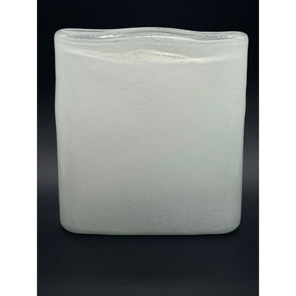 VTG White Enamel Mottled Glass Flat Pillow Vase 8.5